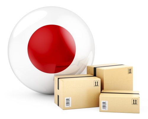 Parcels with Japanese flag. Shipping and delivery in Japan, concept. 3D rendering isolated on white background